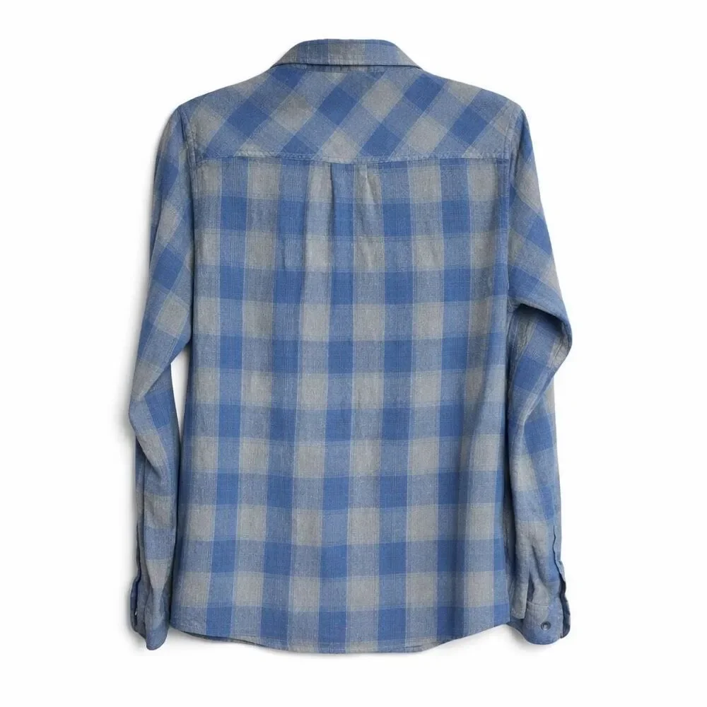 KAVU Plaid Flannel Shirt Cotton Blue Gray Men L Outdoor Rugged Casual
